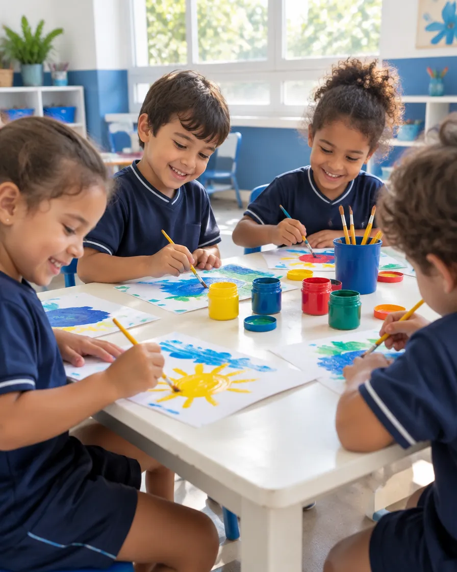 Crianças pequenas de uniforme azul-marinho pintando em uma mesa branca