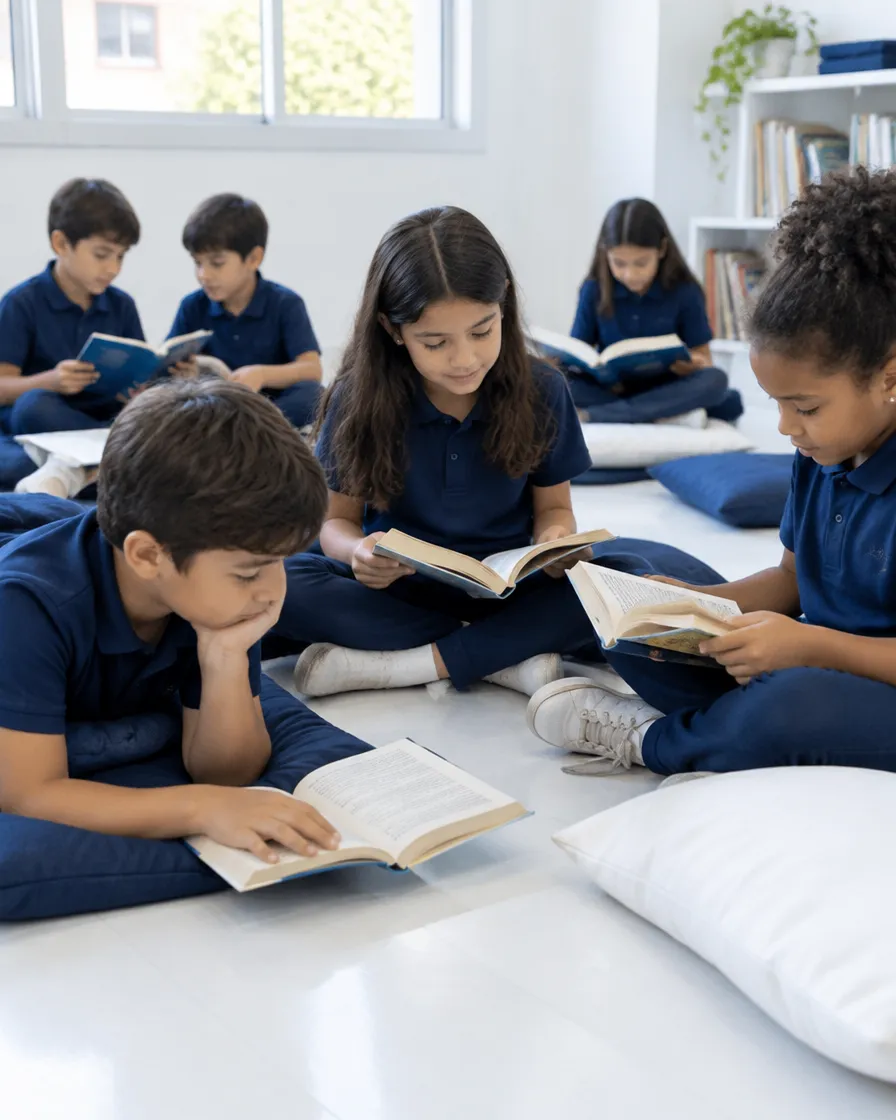 Alunos do fundamental lendo livros sentados em almofadas