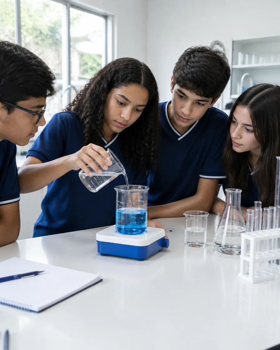Estudantes fazendo um experimento com béqueres no laboratório