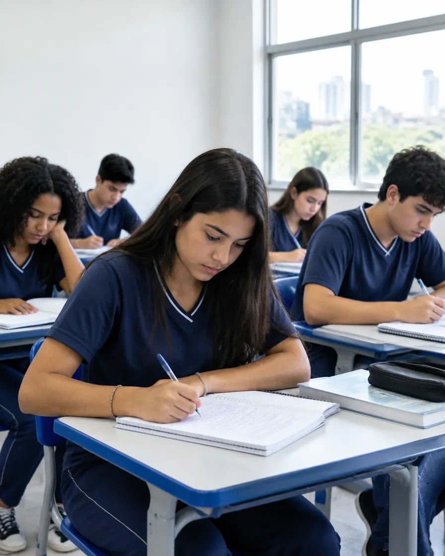 Estudantes do ensino médio concentrados estudando em suas carteiras