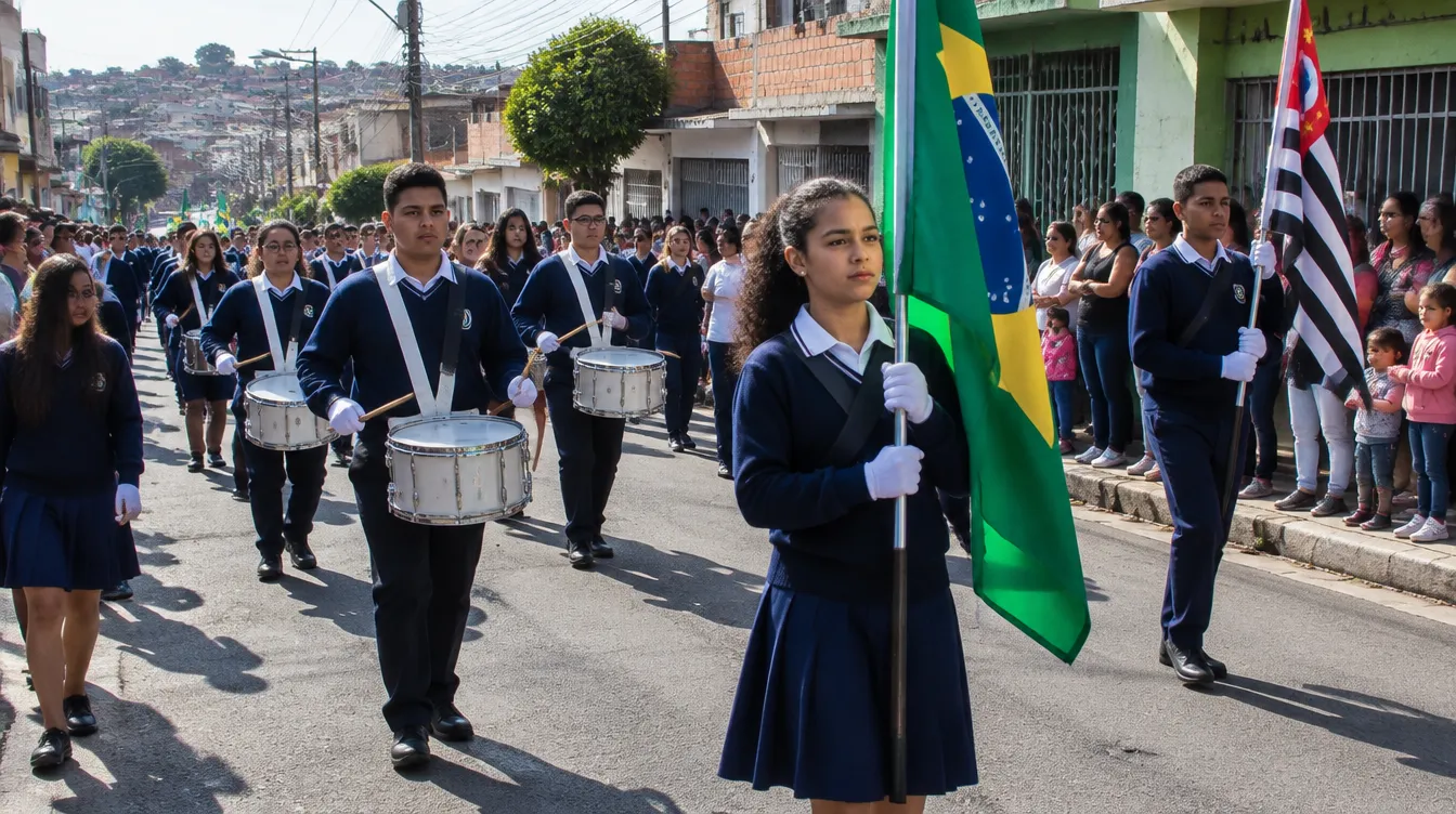 Alunos de uniforme desfilando com banda e bandeiras em rua do bairro